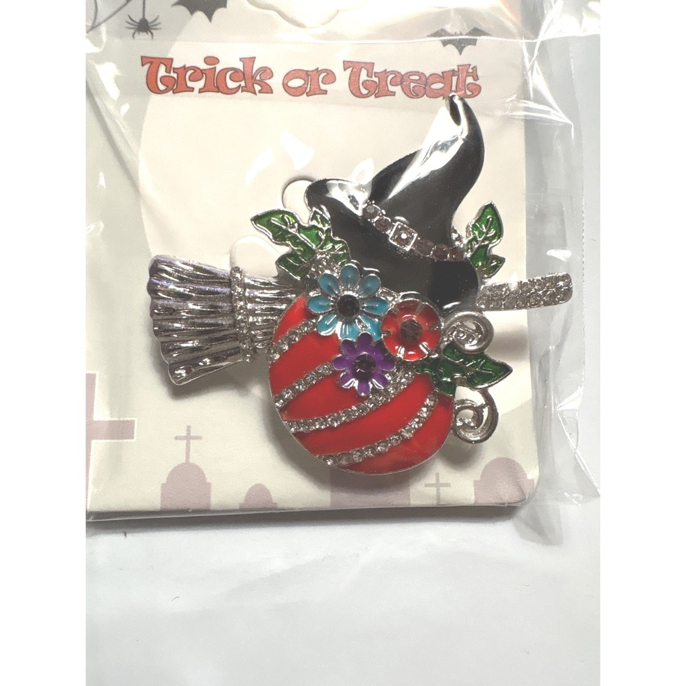 Halloween Pumpkin Witch Hat Broomstick Enamel Rhinestone Brooch Pin Silver Tone - Picture 1 of 2